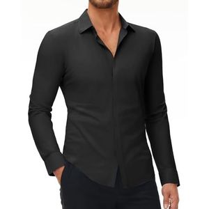 DEMEANOR Stretch overhemd voor heren, lange mouwen, slim fit, businesshemd, strijkvrij, vrijetijdshemd voor heren, 1-Zwart, XL