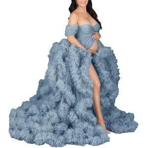 KIYNE Zwangerschapsjurk voor dames, voor fotoshoot, off-shoulder tule lingerie, zwangerschapsjurk voor babyborrel, Dusty Blauw, 32