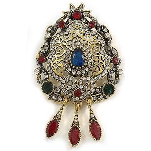 Vintage geïnspireerde kristallen filigraan corsage broche/hanger in oude gouden toon in groen/blauw/rood/helder- 75 mm lang