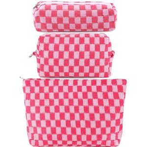 Geruite make-up tas voor vrouwen grote capaciteit roze cosmetische tas set reizen make-up zakje voor portemonnee rits toilettas organizer leuke Y2K esthetische trendy meisjes make-up borstels