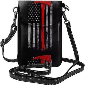 Brandweerman Bijl Rode Lijn Vlag Lederen Cross Body Flip Telefoon Tas Met Afneembare Schouderbanden, Gebruikt Voor Reizen, Dating, Vakantie Geschenken, Zwart, Eén maat