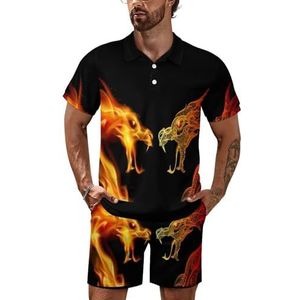 Two Dragon Heads in Fire Poloshirt voor heren, set met korte mouwen, trainingspak, casual, strandshirts, shorts, outfit, 3XL