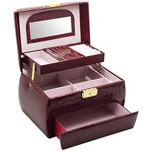 Oorbellen opbergen Doos for vrouwen PU lederen ketting sieraden organizer met spiegel ketting sieraden organizer sieraden houder for oorbellen armbanden ringen rood (kleur: zwart)(Redwine)