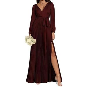 WSEYU Satijnen bruidsmeisjesjurk voor dames, met split, galajurken, plooien, cocktailjurk, grote maten, Bordeaux, 32