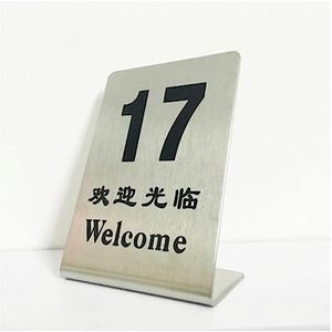 Tabel nummer borden, plaats kaarten, L-vormige standaards, roestvrijstalen tafelnummerset, welkom"" in het Engels en Chinees for bruiloften, restaurants en cafés (maat: 1-20) (Size : 44936)