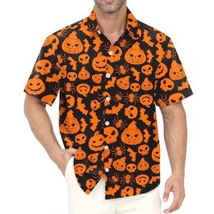 Hawaïhemd voor heren met zak, knoopsluiting, kreukvrij voor strand, zwembadfeesten (S-4XL), Zwarte pompoen schedel - geen zak, S