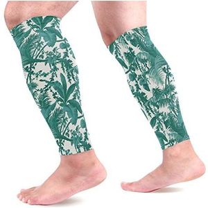 EZIOLY Tropische groene bladeren sport kalf compressie mouwen been compressie sokken kuitbeschermer voor hardlopen, fietsen, moederschap, reizen, verpleegkundigen