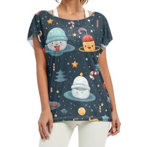 Space Snowman Art korte vleermuismouwen shirt ronde hals T-shirts losse tops voor meisjes, Patroon, XL