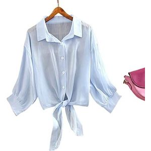 Top Met Lange Mouwen,Vrouwen Elegante Chiffon Cropped Blouse Stijlvolle Knot Front 1/2 Lantaarnmouwen Button Down Shirt Tuniek Tops Lichtgewicht Doorzichtige Schouderophalen Kimono Cardigan Meisjes,