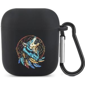 Wolf Dream-Catcher Spirituele Veren Leuke Case voor AirPods 2&1 Schokbestendige Beschermende Hoofdtelefoon Gevallen Cover Met Sleutelhanger voor Mannen Vrouwen