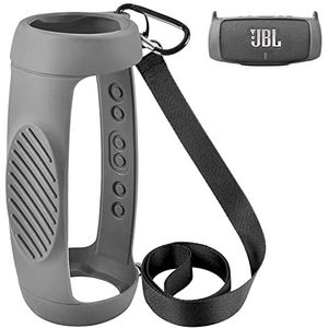 Siliconen beschermhoes voor JBL Charge 5 Bluetooth-luidspreker, draagbare draagtas met verstelbare schouderriem en karabijnhaak (grijs)