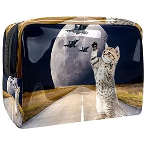 Cosmetische tas voor dames,kleine make-uptas voor portemonnee,Moon Road Vliegtuig Cat,Cosmetische reistas,make-uptasje