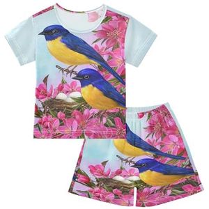 YOUJUNER Kinderpyjama set vogel bloem decor korte mouw T-shirt zomer nachtkleding pyjama lounge wear nachtkleding voor jongens meisjes kinderen, Meerkleurig, 14 jaar