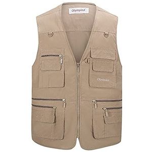 Multifunctionele outdoor casual bodywarmer voor heren, Hwalleum lichtgewicht zomervest voor heren, vest met meerdere zakken voor safari, werken, vissen, jagen, trektochten, gilets, sneldrogende en ademende jas, top voor fotografie, Donkere Kaki, 4XL