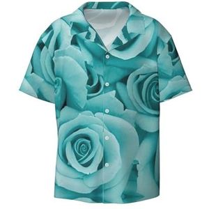 OdDdot Turquoise Rose Print Heren Button Down Shirt Korte Mouw Casual Shirt voor Mannen Zomer Business Casual Jurk Shirt, Zwart, L