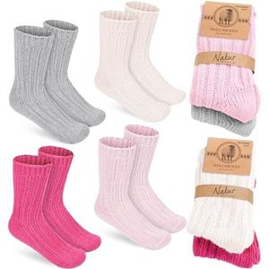 BRUBAKER 4 Paar Wollen Kindersokken - Warme Wintersokken voor Jongens en Meisjes - Pluizige Sokken Set met Schapenwol - Winter Kindersokken - Roze, Beige, Grijs en Pink - Maat 23-26