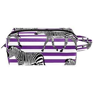 Zebra paarse strepen lederen cosmetische tas met handvat, waterdichte vierkante toilettas reistas, kleine etui voor dames heren meisjes kinderen