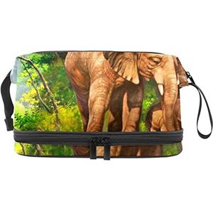 Grote capaciteit reizen cosmetische tas,Olieverfschilderij olifanten familie, make-up tas, waterdichte make-up tas organisator, Meerkleurig, 27x15x14 cm/10.6x5.9x5.5 in