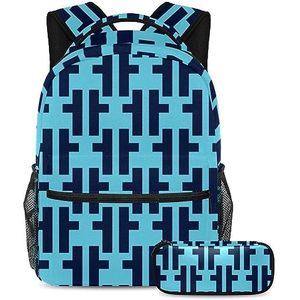 Blauwe vierkante patroon rugzak met etui, 2 stuks Kid Schooltas Set voor Jongens Meisjes Tieners, Travel Book Bag voor Studenten, Meerkleurig, B：29.4x20x40cm P：19x7.5x3.8cm, Rugzakken