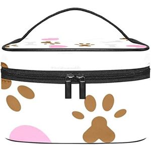 Make-up Organizer Bag, Reizen Make-up Tas Organizer Case Draagbare Cosmetische Tas voor Vrouwen en Meisjes Toiletartikelen Grijs Bone Bruin Voet Print Roze Hart, Meerkleurig, 22.5x15x13.8cm/8.9x5.9x5.4in