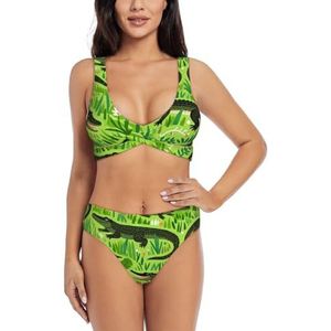 Zelinge Leuke Wrap Front Bikini Top en Hoge Taille Bottom Zomer Badpak Twist Front Badpak S-2XL, Crocodiles Grass Green, M