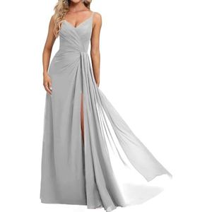 Prinses Bruidsmeisjes Jurken Spaghetti Bandjes Galajurken Chiffon Formele Avondfeest Maxi Jurk met Split ZM210, Zilver, 32