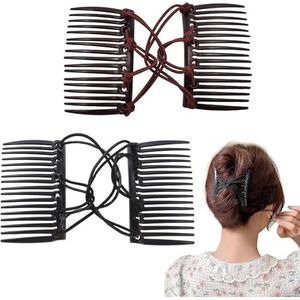 Wangguanruixi 2 stuks magische haarkammen, plastic dubbele haarkammen, elastische magische haarclip, kam paardenstaart, stylingtool voor vrouwen, dik krullend dun haar (zwart, bruin)