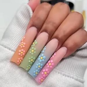 Coffin False Nails Rainbow Flower Press on Nails Ballerina Long Fake Nails Full Cover Stick on Nails 24pcs for Women and Girls