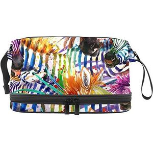 Dubbellaags Cosmetische Tas Zebra Draagbare Make-up Tas Reizen Organizer Pouch Voor Vrouwen Meisjes Toiletries Tassen, Meerkleurig, 27x15x14 cm/10.6x5.9x5.5 in, Make-up zakje