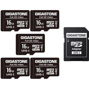 Gigastone 16GB 5-pack micro SD geheugenkaart, SDHC UHS-I U1 klasse 10, 85/15 MB/s lees- en schrijfsnelheid, Full HD, geschikt voor Nintendo Switch, GoPro action cam, Compactcamera’s, DJI drone, micro sd card