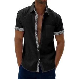 LQHYDMS Heren T-shirt Single Breasted Tops Heren Korte Mouw Patchwork Blouse Zomer Open Stitch Casual Shirts Kleding Plus Size S-5Xl, Zwart, XL