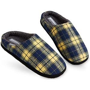 Dunlop herenslippers, comfortabel, traagschuim, warm, faux schapenvacht, in-/outdoor, antislip, huisschoenen, cadeau voor mannen, tieners, jongens, Navy Mosterd, 42.5 EU