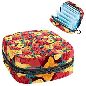 Geel Roze Bloemen,Periode Pouch Draagbaar,Tampon Opbergtas,Tampon Houder voor Portemonnee Vrouwelijke Product Organizer, Meerkleurig, 4.7x6.6x6.6 in/12x17x17 cm