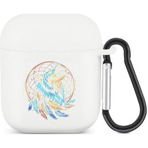 Wolf Dream-Catcher Spirituele Veren Leuke Case voor AirPods 2&1 Schokbestendige Beschermende Hoofdtelefoon Gevallen Cover Met Sleutelhanger voor Mannen Vrouwen