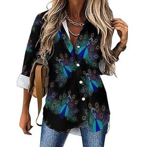 Mooie blauwe pauw dames casual shirt button down lange mouwen V-hals blouses tuniek voor leggings