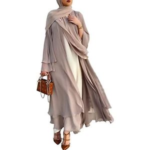 Abaya Moslim gebed chiffon open jurk voor dames, met lange mouwen, maxi-cardigan, gewaad, vrouwen, maxi-jurk, islamitische ramadan gebedskleding, kaki, S