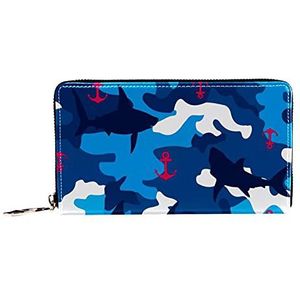 Vrouwen Zip Rond Portemonnee en Telefoon Clutch, Shark Camo Nautisch Anker Blauw Patroon, Reistas Lederen Clutch Bag Kaarthouder Organizer Polsbandjes Portefeuilles, Meerkleurig, 8.07x1x4.53 in