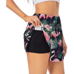 Roze Flamingo Print Vrouwen Hoge Taille Atletische Workout Shorts Dubbellaagse Gym Shorts Casual Comfortabele Sport Shorts, Zwart, S