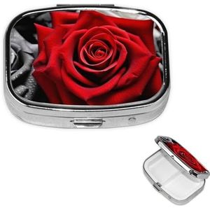 Zwarte witte en rode rozen pillendoos 2 compartimenten, kleine pillendoos voor portemonnee en zak, metalen pillenetui met spiegel, dagelijkse pillenorganizer, draagbare medicijnvitaminehouder, uniek