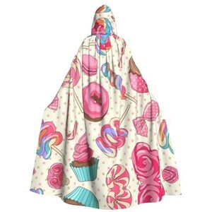 FRGMNT Kleurrijke Sweet Lolly Cupcake Donut print Unisex Volledige Lengte Hooded Mantel, Volwassen Carnaval Cape, Halloween Party Cosplay Kostuum Mantel