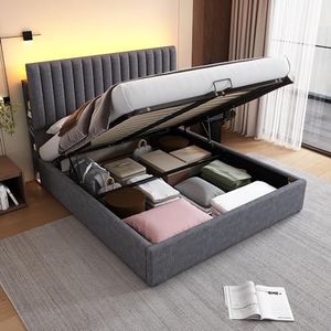 Aunvla Gestoffeerd bed, bergruimte, tweepersoonsbed, led, app-control bed met opladen, USB type C oplaadfunctie, opbergruimte en verstelbaar hoofdeinde, 160 x 200 cm, lattenbodem van hout, grijs