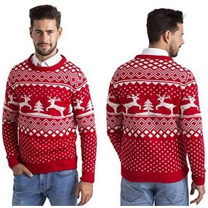 Kersttrui voor heren, kerstboom en rendier, fairisle-patroon, lange mouwen, gebreid, ronde hals, ronde hals, kersttrui, S-XXL, Rood, M