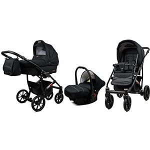 BabyLux Largo 3 in 1 Baby Reis Systeem Kinderwagen Autostoel Afneembare Regenhoes Voetenzak Dragende Wielen Pasgeborene tot Baby Black Black Frame