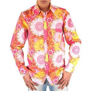 Comycom Kleurrijke jaren 70 bloemen Flower Power hemd roze, roze/geel., M