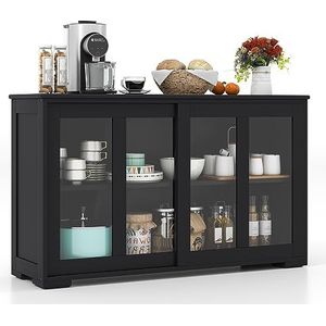 COSTWAY Sideboard, keukenkast met glazen schuifdeuren, opbergkast, verstelbare plank, dressoir voor hal, keuken, eetkamer, woonkamer, 107 x 33 x 62,5 cm (zwart)