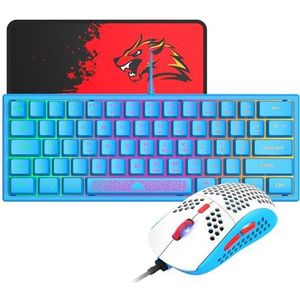 LexonElec K61-60% Compact Gaming Toetsenbord En Muis PC Set Blauw Mechanisch Gevoel Mini QWERTY Layout Ergonomisch RGB Verlicht Keyboard - 12000 DPI Ademend LED Ultralicht Honeycomb Mouse Voor PC