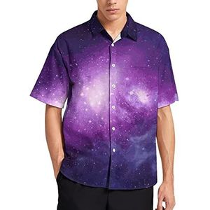 Purple Space Heren T-shirt met korte mouwen casual button down zomer strand top met zak