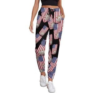 Vintage luiaard met Amerikaanse vlag vrouwen joggingbroek running joggingbroek casual broek elastische taille lang met zakken