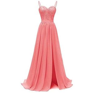 Beyonddress Dames schathals bruidsmeisjesjurken avondjurken kant chiffon baljurk elegant voor bruiloft lang, koraalrood, 38