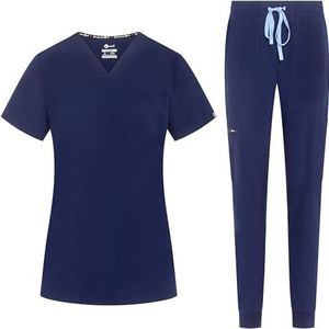B-well NAOMI Scrubset voor dames, jas en broek, set, geneeskunde, arts, uniform, beroepskleding, dikke stof, donkerblauw, L